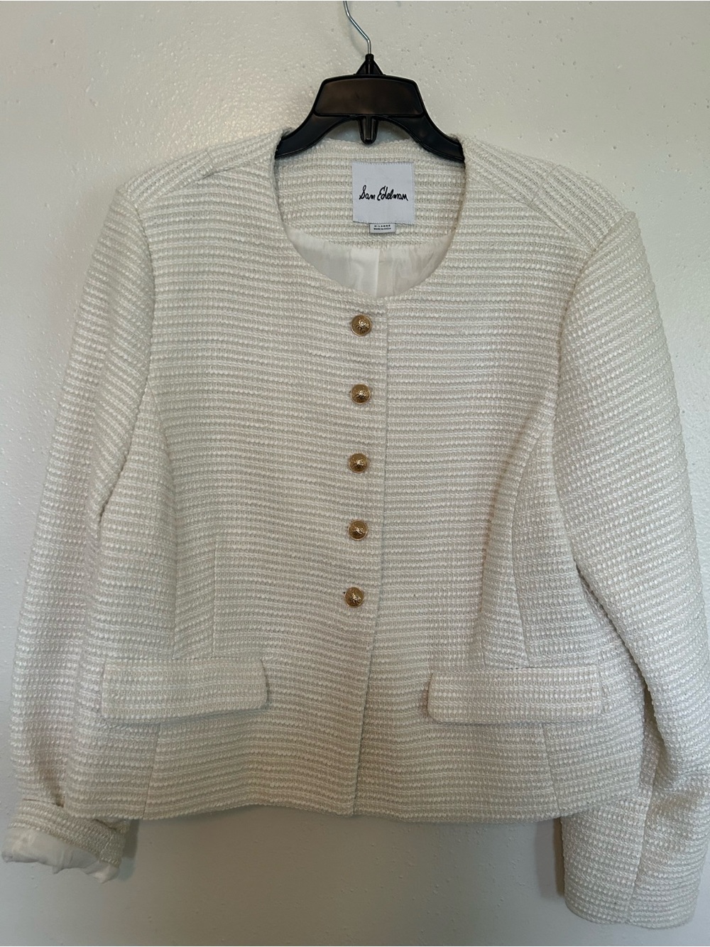 Sam Edelman Cream Textured Round-Neck Button Jacket